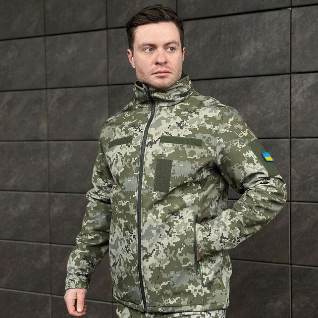 Мужская Водоотталкивающая Куртка Soft Shell на микрофлисе с липучками для шевронов пиксель размер L - изображение 2