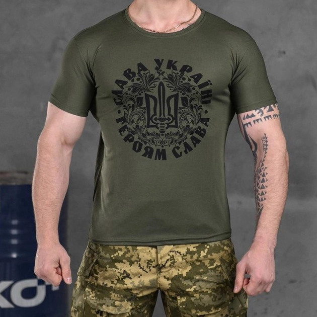 Мужская потоотводящая футболка Coolmax с принтом "Слава Украине" олива размер XL - изображение 1