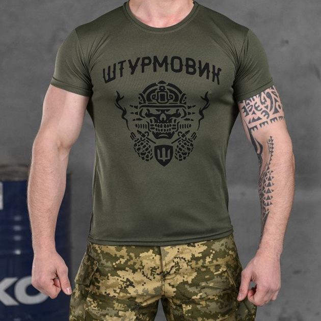 Чоловіча потовідвідна футболка з принтом "Штурмовик" Coolmax олива розмір 2XL - зображення 1