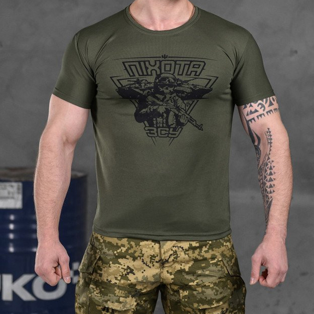 Чоловіча потовідвідна футболка Coolmax з принтом "Піхота" олива розмір M - зображення 1