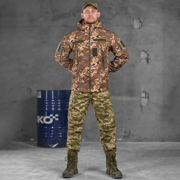 Чоловічий костюм 4в1 куртка Softshell + убакс + штани + кепка ріп-стоп піксель розмір XL - зображення 2
