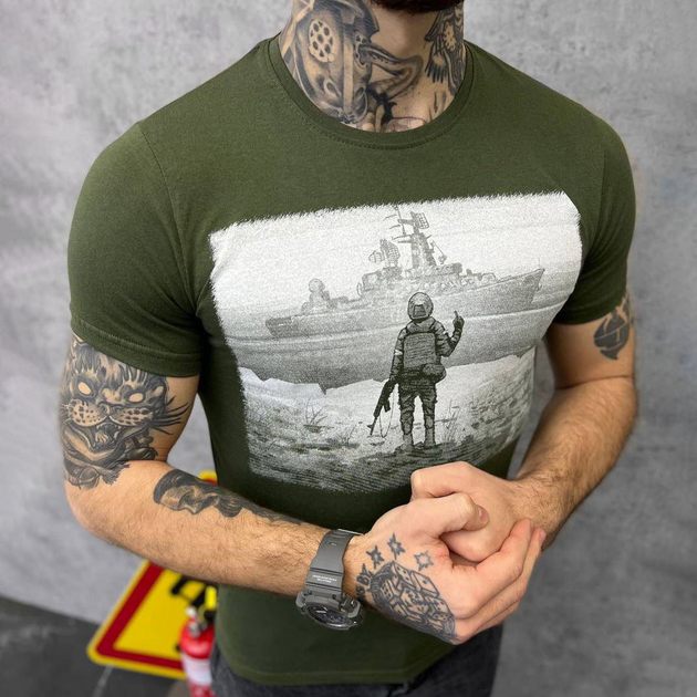 Универсальная мужская футболка с патриотическим принтом кулир олива размер XXL - изображение 1