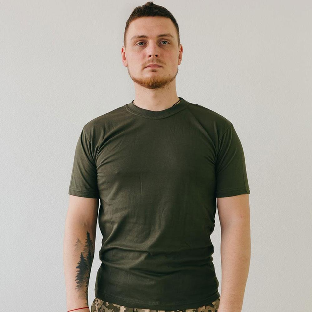 Мужская хлопковая футболка с круглой горловиной олива размер M - изображение 2