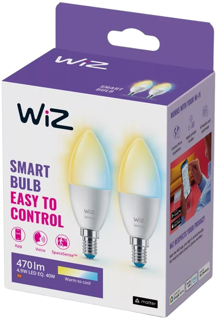 Zestaw inteligentnych żarówek WIZ Smart Candle LED WiFi C37 E14 470 lm 4.9 W 2 szt. (8719514551336) - obraz 2