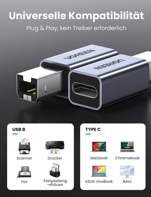 Переходник Ugreen USB C на USB B Printer для принтера, жесткого диска, док станции, факса Grey (US382) 20120 - Фото 4 Переходник Ugreen USB C на USB B Printer для принтера, жесткого диска, док станции, факса Grey (US382) 20120 - изображение 4