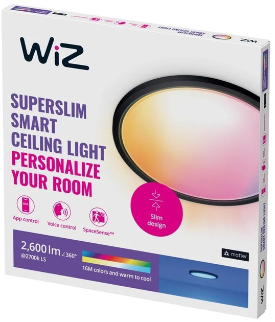 Lampa sufitowa LED WIZ SuperSlim smart ceiling lamp RGB 22 W 42.3 cm czarna (8720169072633) - obraz 2