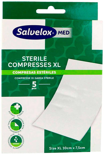 Kompres styrenowy Salvelox Med Sterile Compresses Absorbent and Breathable XL 7.5 cm x 10 cm 5 szt (7310610025892) - obraz 1