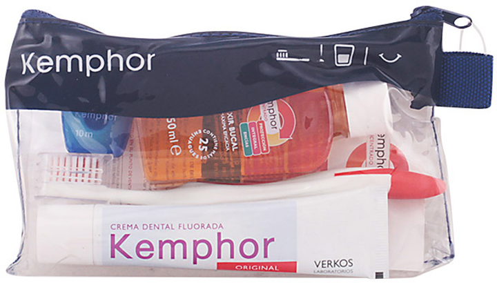 Zestaw do pielegnacji jamy ustnej Kemphor Travel Szczoteczka do zębów + Pasta do zębów z fluorem 25 ml + Nabłyszczacz 50 ml + Nić dentystyczna 10 m (8410496003300) - obraz 1