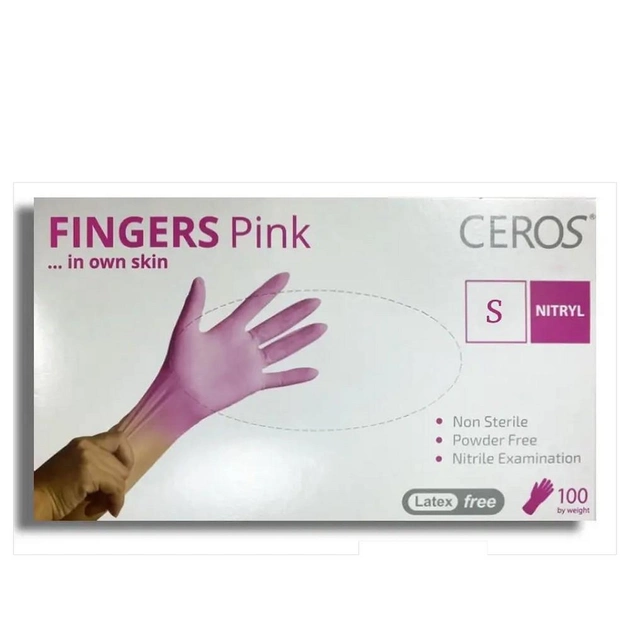Рукавички нітрилові CEROS Fingers Pink, 100 шт (50 пар), S - зображення 1