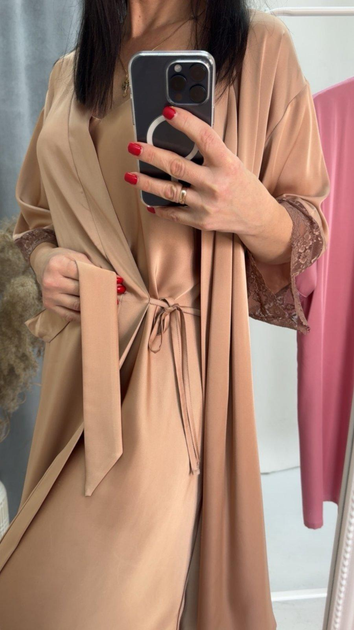 Комплект домашний plus size - ночная рубашка и халат, шелк, карамель ...