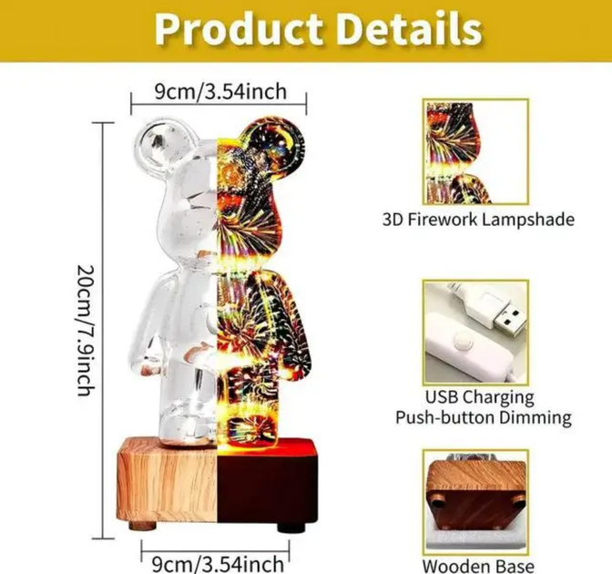 Нічник світлодіодний світильник ведмідь з феєрверком BEARBRICK 3D ведмедик нічник 20см, сріблястий (D-2019091440) - зображення 4