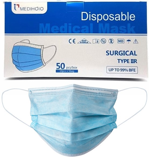 Маска для лица MEDIHOIO Blue Face Mask IIR защитная 50 шт (8435256618267) - изображение 1