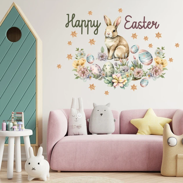 Набор пасхального декора Наклейки Кролик яйца цветы Happy Easter Набор S 55х70см матовая - изображение 3