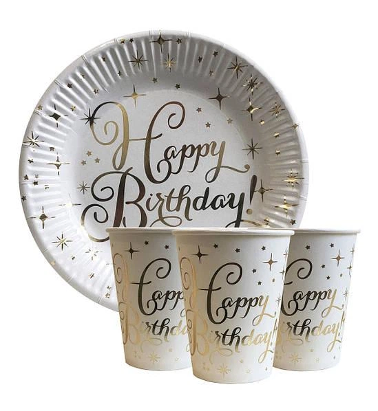Набір Посуду Паперовий Одноразовий Happy Birthday | Білий - Фото 1 Набір Посуду Паперовий Одноразовий Happy Birthday | Білий - зображення 1