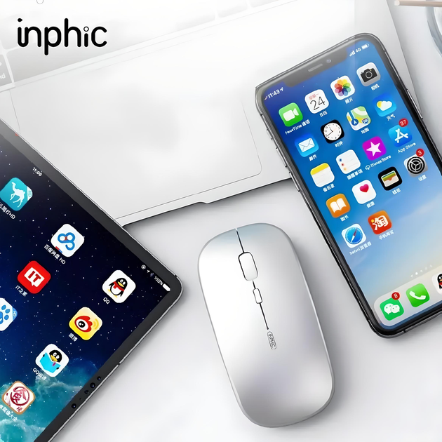 Мышь беспроводная INPHIC M1Pro с подключением USB 2.4ГГц + Bluetooth, аккумулятором, 2400 DPI, серебро - изображение 4