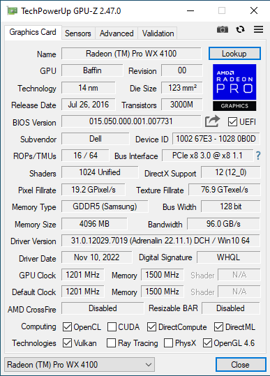 Дискретная видеокарта AMD Radeon Pro WX 4100, 4 GB GDDR5, 128-bit