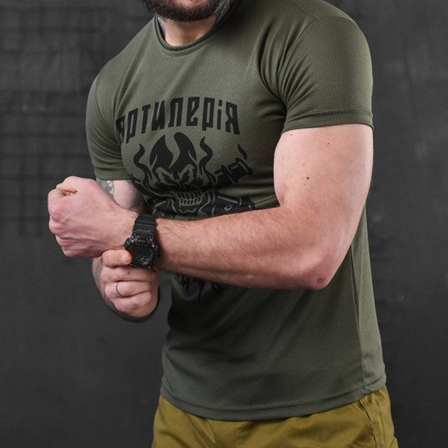 Потовідвідна чоловіча футболка Coolmax з принтом "Артилерія" олива розмір S - зображення 2