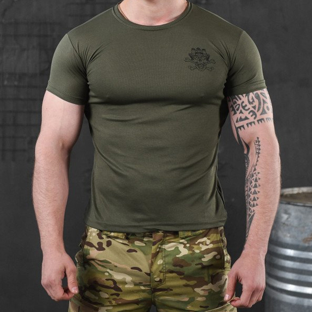Потоотводящая мужская футболка Coolmax с принтом "Череп" олива размер M - изображение 1