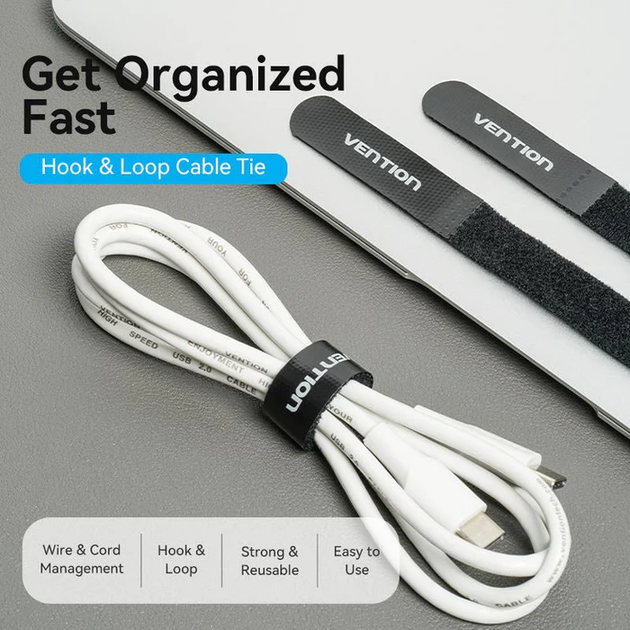 Стяжка для кабелів Vention Hook & Loop Black (KAOB0) - Фото 2 Стяжка для кабелів Vention Hook & Loop Black (KAOB0) - зображення 2