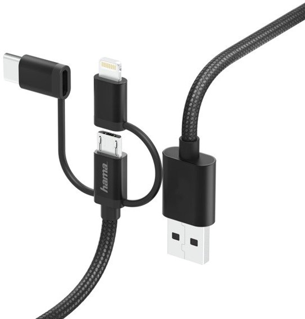 Кабель Hama 3в1 USB Type-A - USB Type-C + micro-USB - Lightning M/M 1.5 м Black (4047443486141) - зображення 1