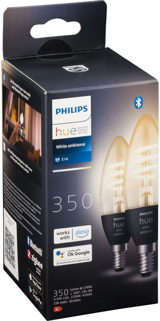 Набір світлодіодних ламп Philips Hue C37 E14 4.6W 2 шт White Ambiance Filament (8719514411869) - зображення 1