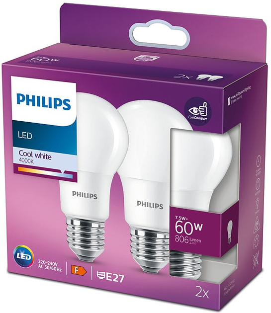 Набір світлодіодних ламп Philips A60 E27 7.5W 2 шт Cool White (8718699770266) - зображення 1