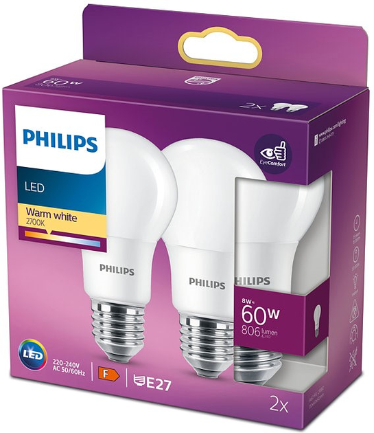 Набір світлодіодних ламп Philips A60 E27 8W 2 шт Warm White (8718699770167) - зображення 2