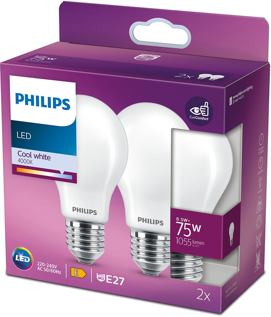 Zestaw żarówek LED Philips Classic A60 E27 8.5W 2 szt Cool White (8718699763657) - obraz 1