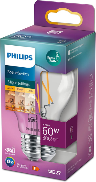 Żarówka LED Philips Classic Scene Switch A60 E27 7.5W Warm White Filament (8718699772130) - obraz 1