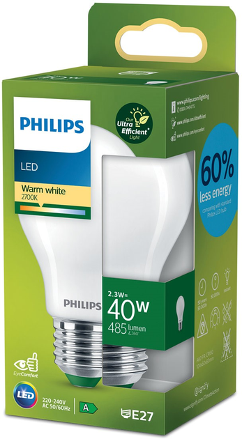 Żarówka LED Philips UltraEfficient A60 E27 2.3W Warm White (8720169187535) - obraz 1