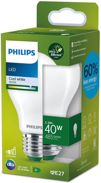 Żarówka LED Philips UltraEfficient A60 E27 2.3W Cool White (8720169187610) - obraz 1