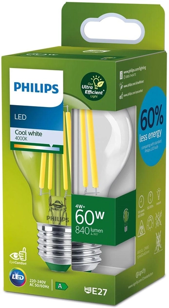 Світлодіодна лампа Philips UltraEfficient A60 E27 4W Cool White Filament (8720169187733) - зображення 1