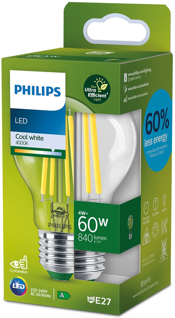 Żarówka LED Philips UltraEfficient A60 E27 4W Cool White Filament (8720169187733) - obraz 1