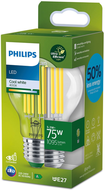 Світлодіодна лампа Philips UltraEfficient A60 E27 5.2W Cool White Filament (8720169187894) - зображення 1