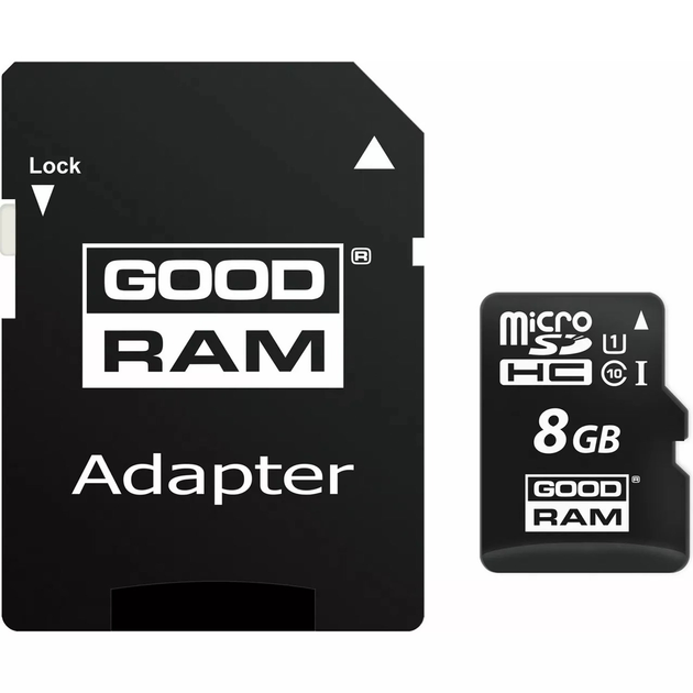 Карта памяти Goodram microSDHC 8GB (UHS-I U1) W-10 MB/s, R-60 MB/s Class 10 (M1AA-0080R11) + SD Adapter - изображение 1