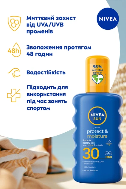 Солнцезащитный спрей NIVEA Sun Защита и увлажнение SPF 30 200 мл (5900017067735/5025970022840) - изображение 3