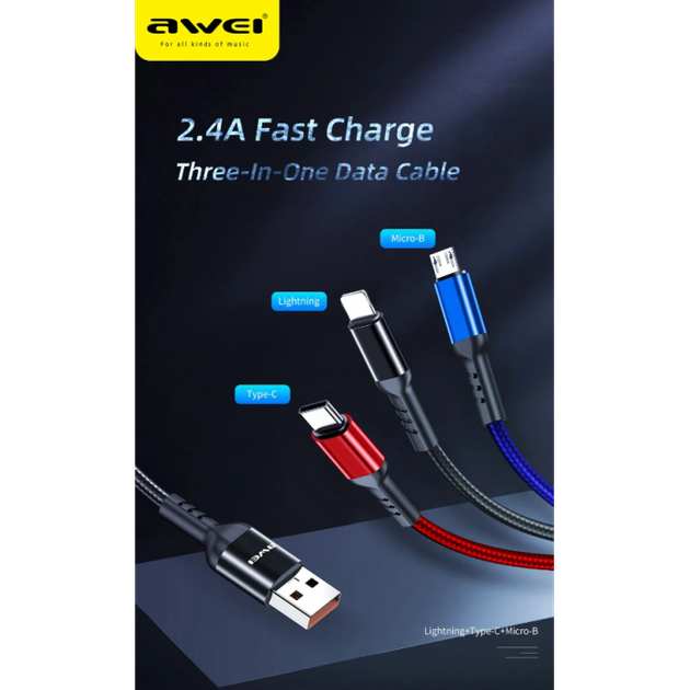 Кабель для зарядки телефонов AWEI CL 971 3 в 1 USB to Type-C+Lightning+MicroUSB 2,4A - Фото 2 Кабель для зарядки телефонов AWEI CL 971 3 в 1 USB to Type-C+Lightning+MicroUSB 2,4A - изображение 2