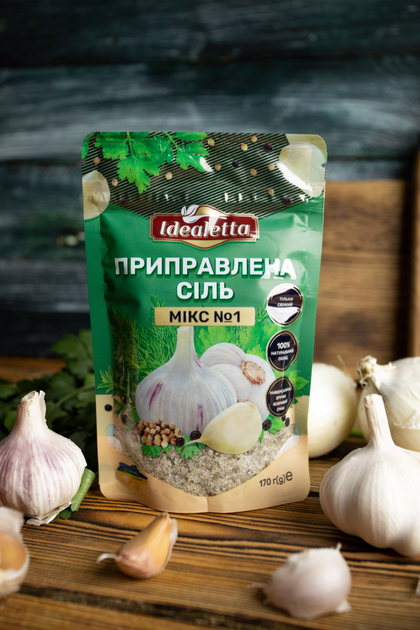 Упаковка Приправленная соль Idealetta Микс №1 со свежим чесноком, черным перцем и травами 170 г х 3 шт (4820217170039) - изображение 5