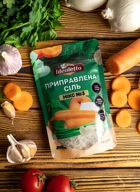 Упаковка Приправленная соль Idealetta Микс №3 с луком, морковью и укропом 170 г х 3 шт (4820217170053) - изображение 5