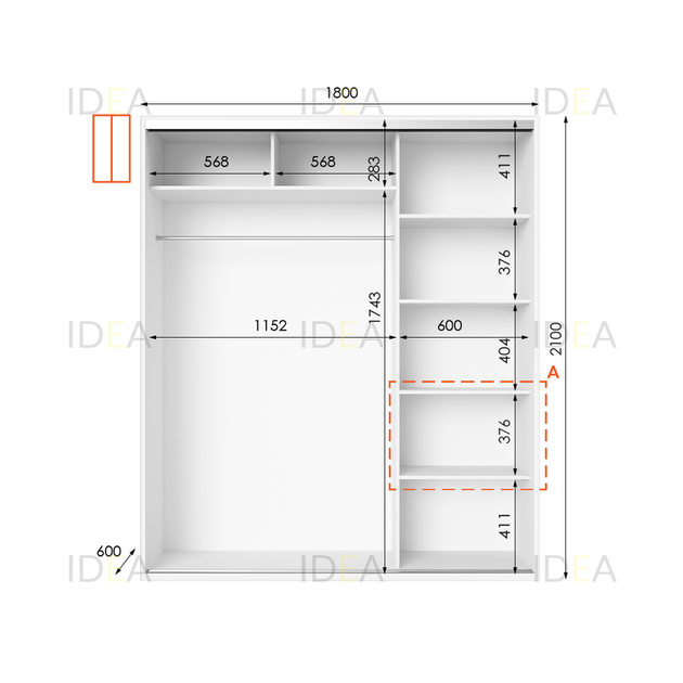 Шафа-купе IDEA серія 5 180 x 60 x 210 см Білий Дзеркало - Фото 2 Шафа-купе IDEA серія 5 180 x 60 x 210 см Білий Дзеркало - изображение 2