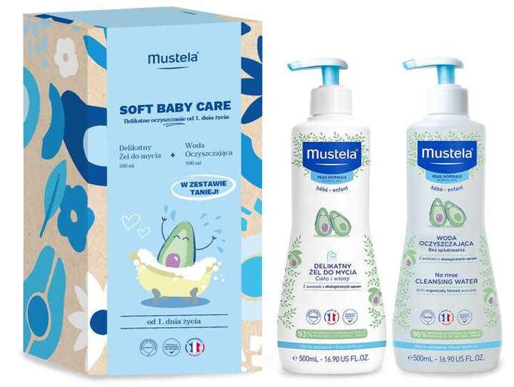 Набір косметики для дітей Mustela Soft Baby Care гель для купання 500 мл + косметична вода 500 мл (5908216299926) - зображення 1