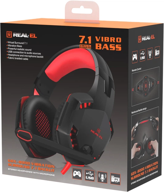 Наушники Real-El GDX-8000 Vibration Surround 7.1 BackLit Black-Red