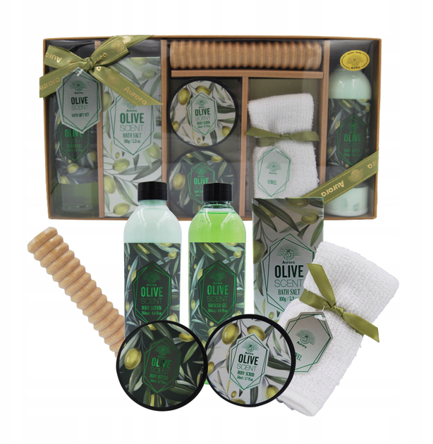 Zestaw Aurora Olive Garden Żel pod prysznic 260 ml + Balsam do ciała 260 ml + Sól do kąpieli 100 g + Masło do ciała 50 ml + Scrub do ciała 50 ml + Masażer + Ręcznik (5060411614925) - obraz 2