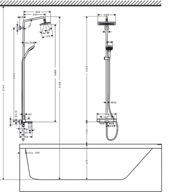 Душевая система Hansgrohe Croma E Showerpipe 280 1jet (27687000) - Фото 2 Душевая система Hansgrohe Croma E Showerpipe 280 1jet (27687000) - изображение 2