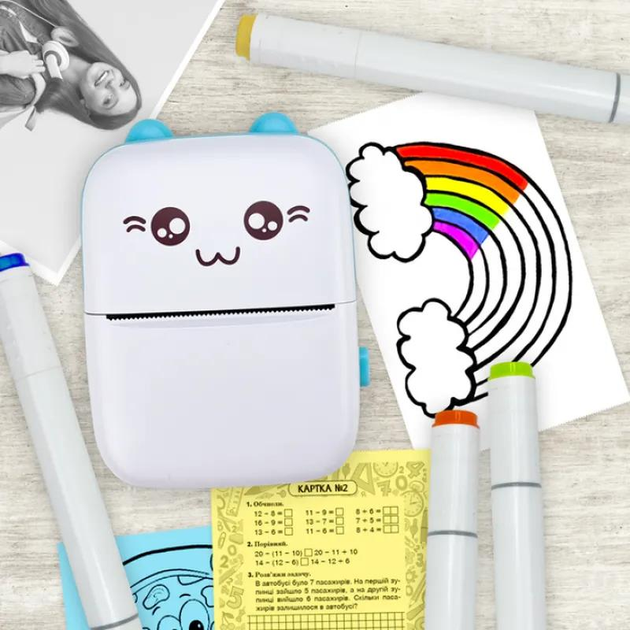 Портативный мини термопринтер Детский принтер Bluetooth Grant Mini printer с набором термобумаги в комплекте Голубой - изображение 6