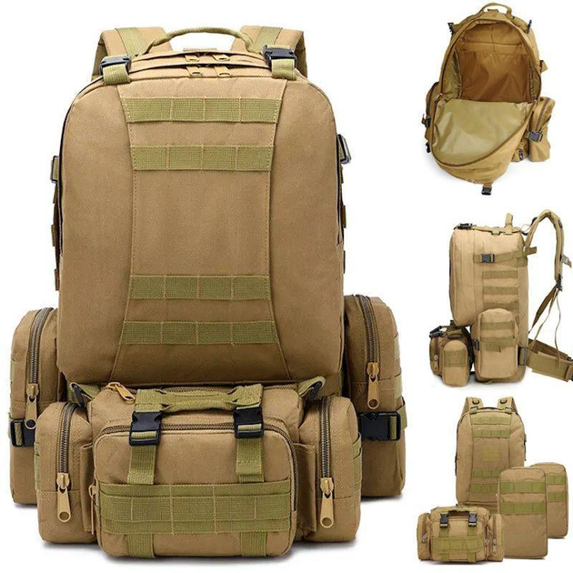Тактический мужской рюкзак B08 на 55 л со съемными подсумками / Туристический военный баул (55х40х25 см) с системой Молли Oxford 600D (Песочный) - изображение 2