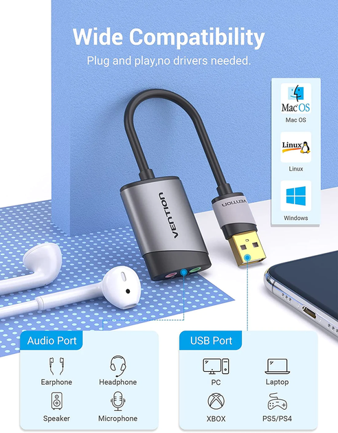 Зовнішня звукова карта Vention USB External Sound Card USB-A — 3,5 мм Metal Gray - изображение 3