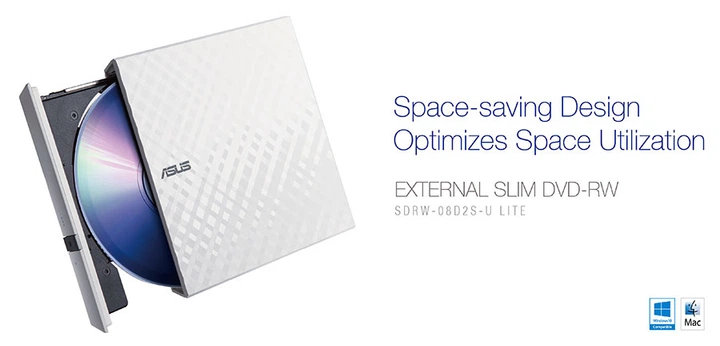 Оптичний привід зовнішній USB DVD+/-RW Asus SDRW-08D2S-ULITE білий, SLIM (SDRW-08D2S-U LITE/WHT/G/AS) - изображение 3