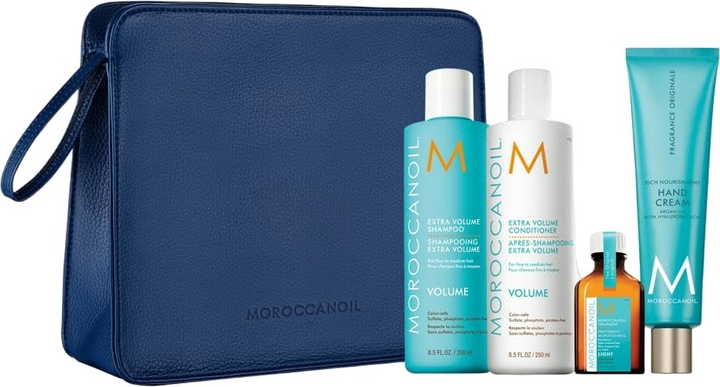 Zestaw do pielęgnacji włosów Moroccanoil Luminous Wonders Extra Volume szampon do włosów 250 ml + odzywka do włosów 250 ml + olejek do wlosow 25 ml + krem do rąk 100 ml + Kosmetyczka (7290116972213) - obraz 1