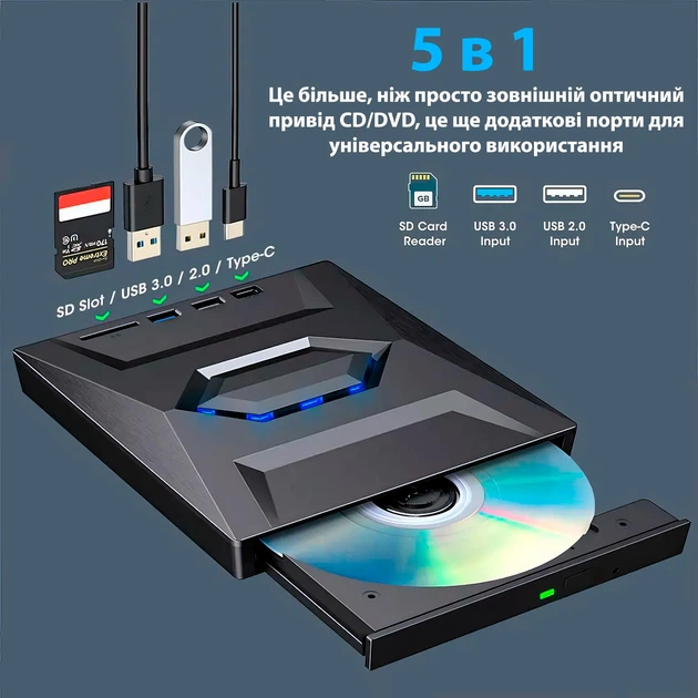 Зовнішній оптичний DVD-привід 5 в 1 з інтерфейсом Type-C та USB3.0